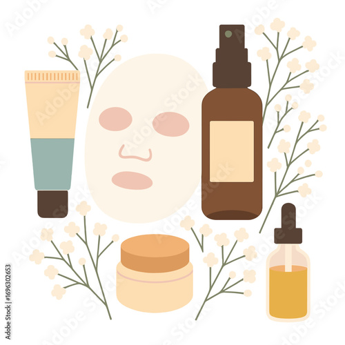 A facial sheet mask accompanied by various cosmetics and gypsophila flowers set against a pink backdrop