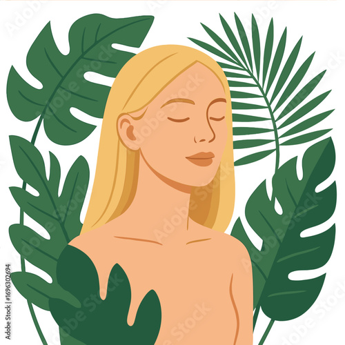 A portrait of a naturally beautiful blonde surrounded by tropical tree foliage, evoking spa-like serenity