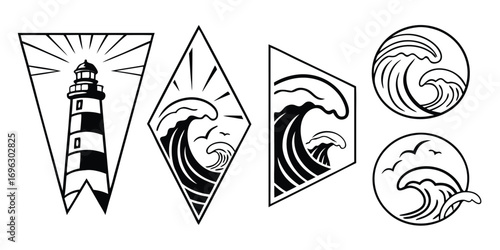 Nautical Lighthouse and Ocean Wave Icons.