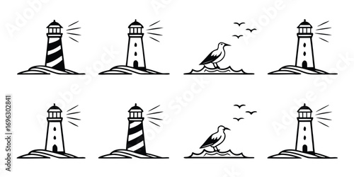Nautical Lighthouse and Seagull Icons Collection.