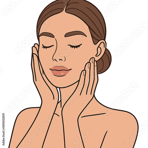 A beauty model with smooth skin and plump lips, holding her face in her hands, demonstrates a woman face skin care routine, while a facial spa offers cosmetology and plastic surgery services