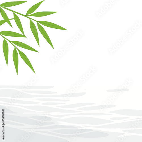 A spa background banner featuring a green bamboo leaf on a translucent white water wave under sunlight, designed with a copy space for travel, cosmetics, and beauty care