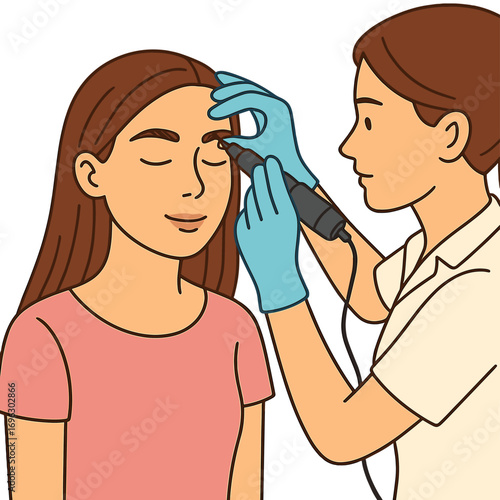 A young woman having her eyebrows permanently tattooed at a beauty salon