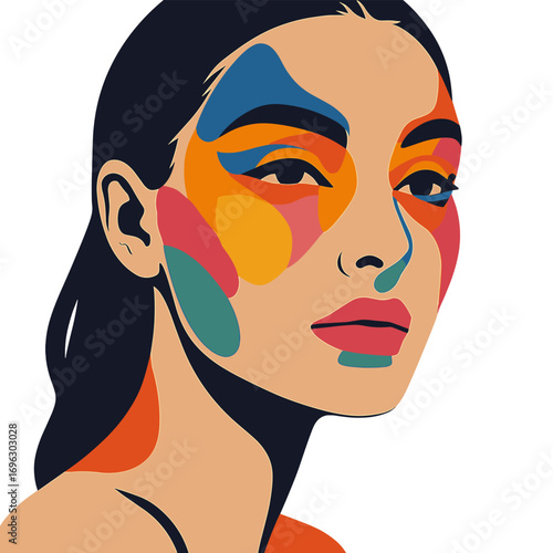 Portrait of a stunning woman in colorful abstract makeup, blending beauty, fashion, and art