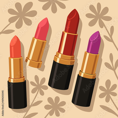 A flat‑lay top‑view of colorful fashion lipsticks with sun‑shadowed flower accents on a beige background, showcasing a decorative cosmetics makeup design for a women's lipstick beauty brand