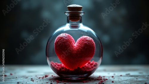 A captured heart radiates love within a glass jar filled with vibrant colors and warmth