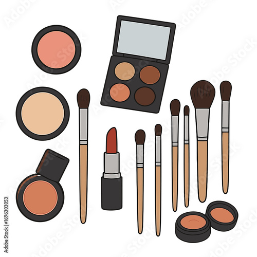 A collection of makeup brushes accompanied by decorative cosmetics against a colored backdrop