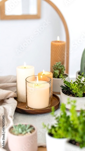 Candles and succulents on a tray, warm lighting