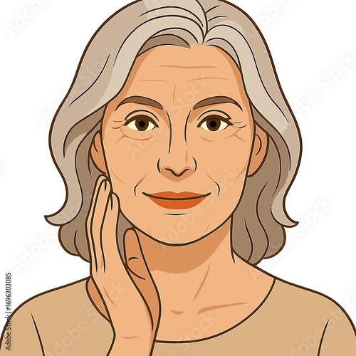 A stunning, mature woman in her fifties gazes directly at the camera against a white background, captured in a close‑up portrait that highlights her healthy skin and emphasizes middle‑age skincare