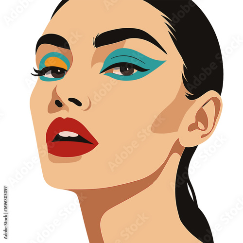 A tight shot of a model sporting vivid lipstick and eye makeup set against a bright purple backdrop, highlighting beauty and artistic flair in a fashion shoot