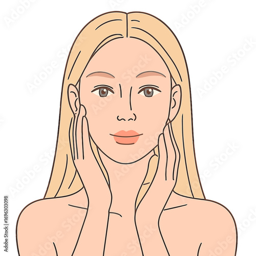 A young, beautiful blonde woman with flawless skin gently touches her face, showcasing a facial treatment concept in cosmetology, beauty, and spa, set against a white background