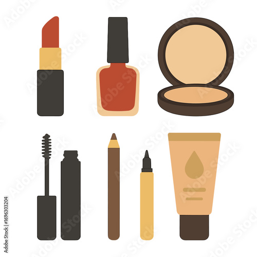 Beauty makeup consists of lipstick, nail polish, liquid, powder, mascara, and pencil