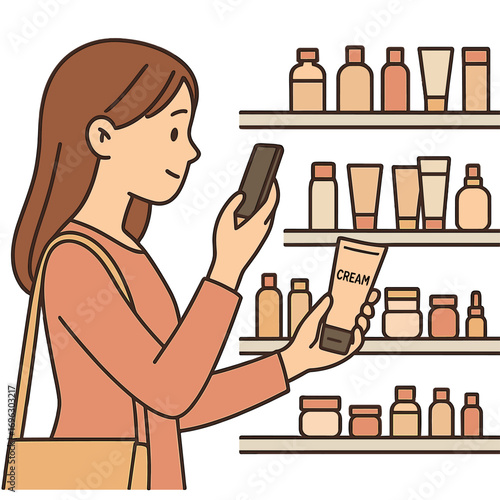 A young woman takes a photo of a cream with her smartphone while shopping in a cosmetics store