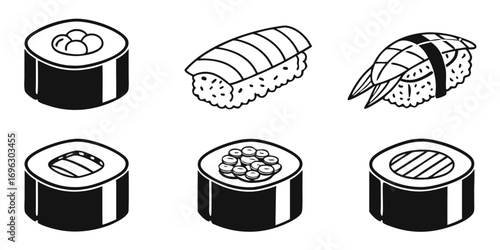 Set of Six Stylized Sushi Illustrations.