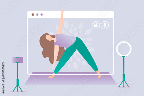 Happy girl in yoga position. Screen streaming keep fit home workout. Female character in asana pose in hatha yoga. Online yoga lesson, education. Sport and fitness activity.