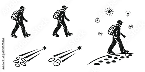 Silhouette of a Hiker with Backpack and Celestial Elements.