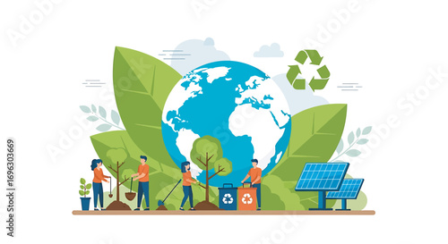 People planting trees and recycling near earth globe with solar panels promoting environmental sustainability and conservation, optimistic concept.