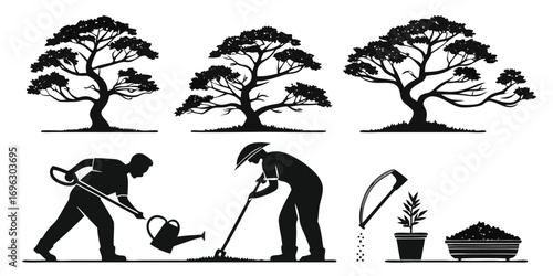Silhouette of Gardeners and Bonsai Trees.