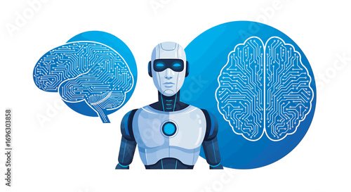 Robot standing next to brain representations symbolizing artificial intelligence and cognitive function in a futuristic and technological setting.