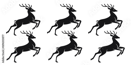 Six Black Silhouette Deer Jumping Gracefully.