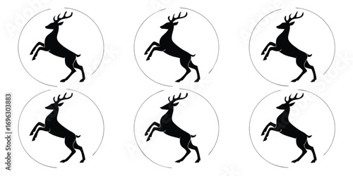 Six Black Silhouette Deer Jumping Inside Circles.