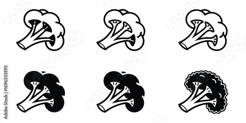 Six Broccoli Icons in Outline and Silhouette.
