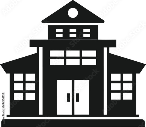 Black Silhouette of a School Building with Double Doors and Windows on White Background education institution