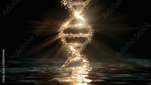 Cosmic Spark of Life, Surreal Macro Art, Glowing Double-Helix Molecule, Liquid Light, Sacred Geometry, Obsidian Ocean, Divine Radiance, Ethereal Gold and Cyan, Mystical Atmosphere