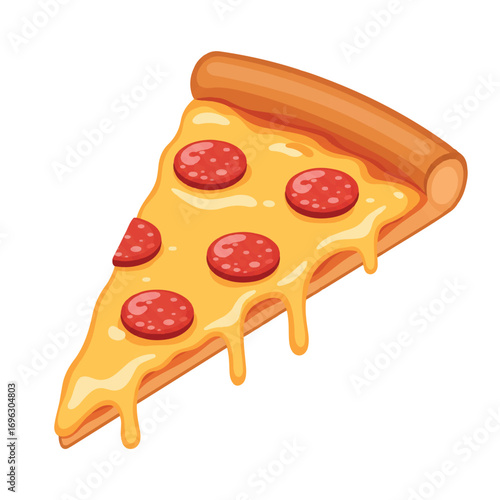 Classic Pepperoni Pizza Slice Vector Illustration with Glistening Cheese and Bold Outlines, Isolated on White for Menu Designs