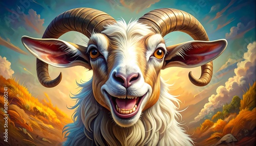 Smiling goat portrait in sunset landscape