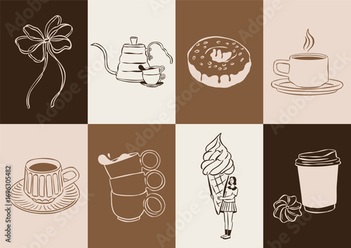 Sketch style coffee and desserts doodle collection. Art for greeting cards, restaurant menu, poster design, postcards, branding, logo design, patterns.
