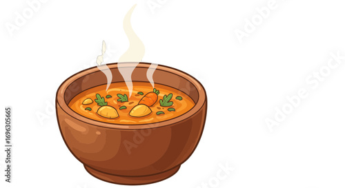 Delicious steaming vegetable soup bowl, cartoon style food illustration, healthy eating, hot soup kitchen on transparent background
