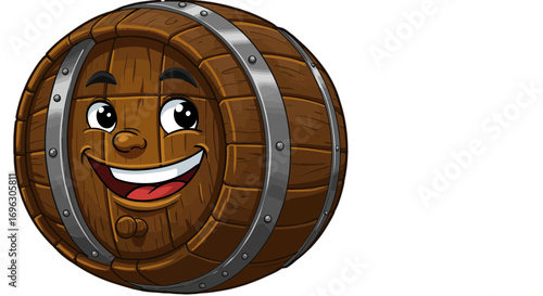 Cartoon barrel wood cask container happy face illustration vintage storage aged liquid container drawing on transparent background