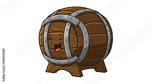 Happy wooden barrel cartoon illustration vintage keg container storage cask liquid alcohol brewery aged on transparent background