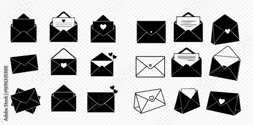 A collection of black and white envelope illustrations, some open, some closed, some with hearts.