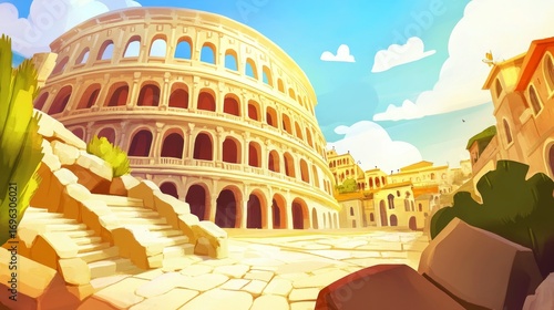 Illustrated View of the Colosseum in Rome with Surrounding Architecture