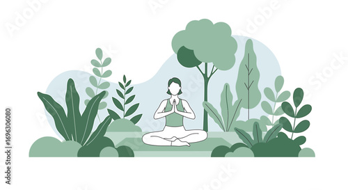 Woman meditating in lotus position surrounded by lush green plants in peaceful garden, finding inner peace and serenity through mindfulness practice.