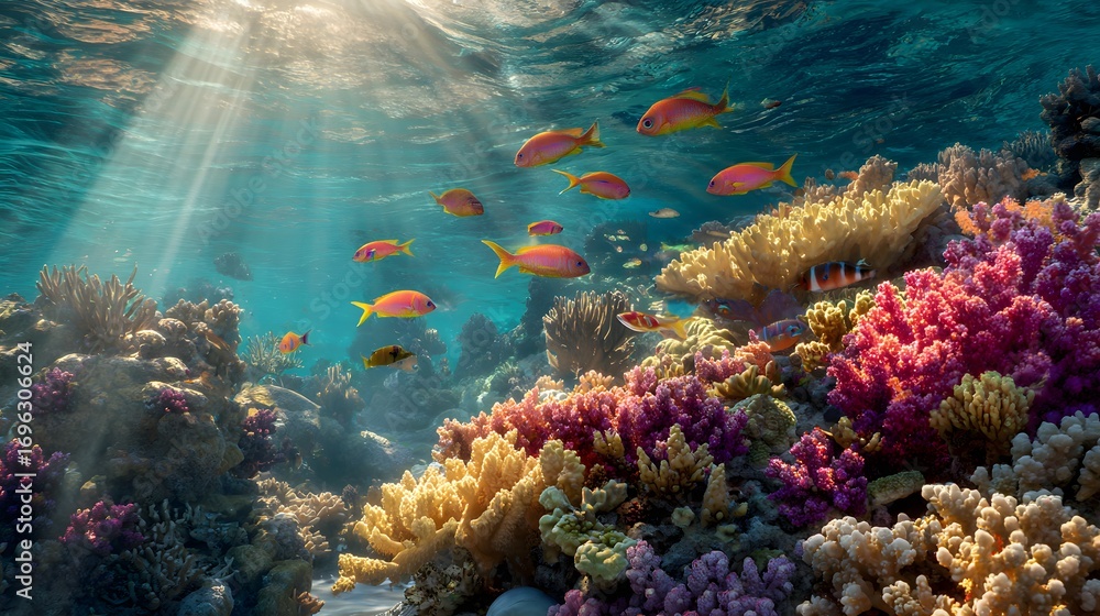 Naklejka premium Underwater coral reef with tropical fish swimming in the ocean marine life aquatic ecosystem scene view