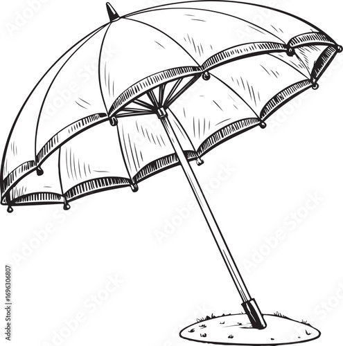 Beach Parasol Umbrella Vector Illustration, Sketch Drawing Line Linear Symbol Icon Engraving Coloring Book, Hand-drawn Doodle Black and White Isolated