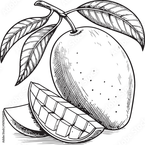 Mango Tropical Fruit Cut Vector Illustration, Sketch Drawing Line Linear Symbol Icon Engraving Coloring Book, Hand-drawn Doodle Black and White Isolated