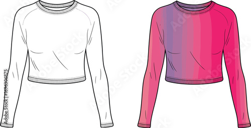 Women’s cropped sweatshirt fashion flat, long sleeve ribbed cuffs and hem, gradient color design, technical apparel CAD drawing, clothing design vector illustration