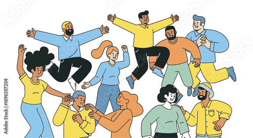 Diverse group of people jumping and celebrating together in a joyful gathering, expressing happiness and unity in a lighthearted atmosphere.