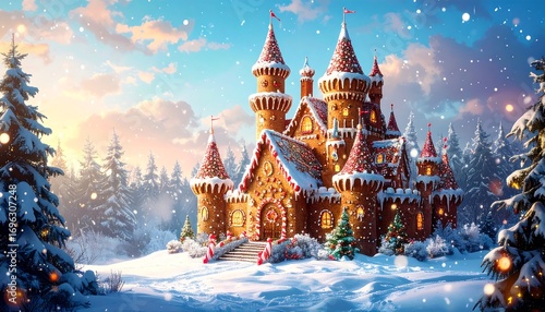 A magnificent gingerbread castle, adorned with icing, stands in a snowy forest at dawn, bathed in soft light.