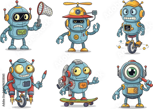 Cute cartoon robots playing sports, riding bikes, skateboarding, flying helicopter, holding net, fun robot characters, playful tech toys, whimsical robotic friends, animated robot set, colorful robot 