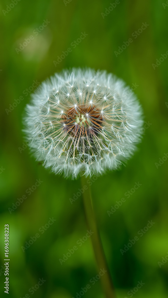 Fototapeta premium A closeup of a dandelion seed head, also known as a clock, with delicate white filaments against a blurred green background, evoking nature and fragility