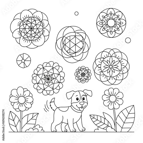 Geometric Garden A Friendly Dog and Flower Patterns for Toddlers Coloring Fun Activity