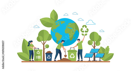 People planting trees and recycling waste to protect the planet and promote sustainability in a bright and hopeful scene.