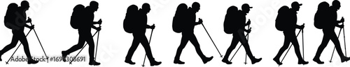 Silhouette of hikers walking with trekking poles, backpacking outdoor adventure, group hiking illustration, mountain trekking people isolated on white background