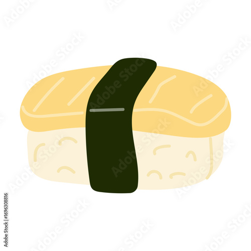 Sushi with omelette and rice on white background. Japanese cuisine.