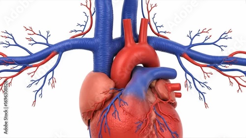 Human Heart Anatomy Illustration - Detailed 3D illustration of the human heart and circulatory system, showing arteries and veins in red and blue.